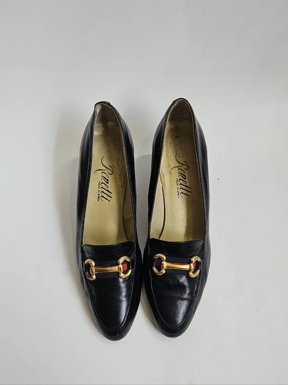 Renetti Vintage Black Leather Women Loafers Pumps Gold And Red Horsebit Detail